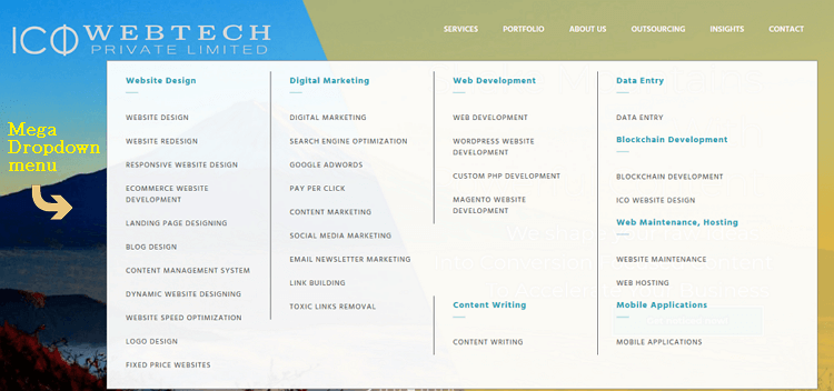 Example of mega menu | ICO WebTech Pvt. Ltd.