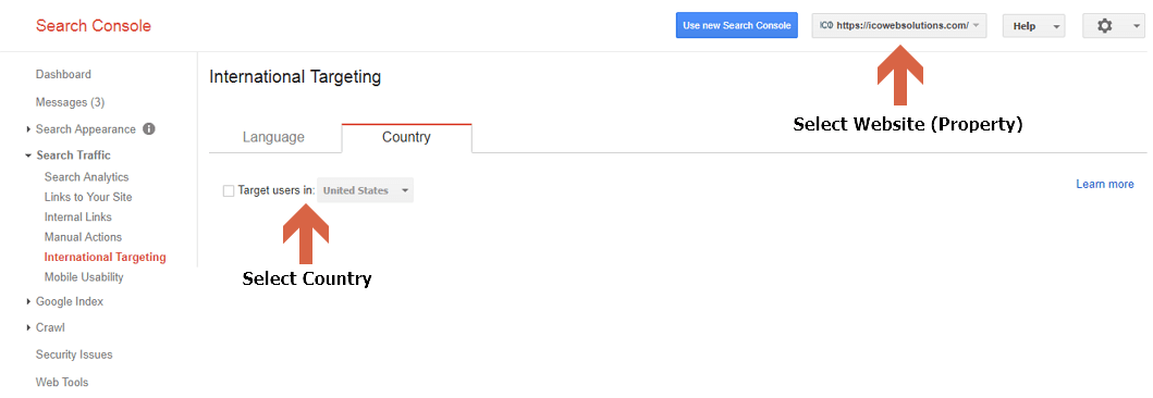 How to set International Target in Google Search Console - ICO WebTech Pvt Ltd
