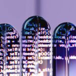 Abstract graphic showing glowing blue and purple neural networks and interconnected nodes, symbolizing the strategic data flow and collaboration between AI systems and creative web design.