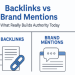 “Infographic comparing backlinks and brand mentions, illustrating how both contribute to building online authority with minimalist blue and white visuals.”