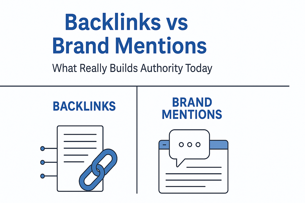 “Infographic comparing backlinks and brand mentions, illustrating how both contribute to building online authority with minimalist blue and white visuals.”