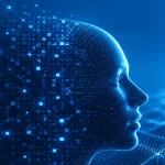 Futuristic blue digital human profile made of data points and network connections representing artificial general intelligence and advanced AI systems