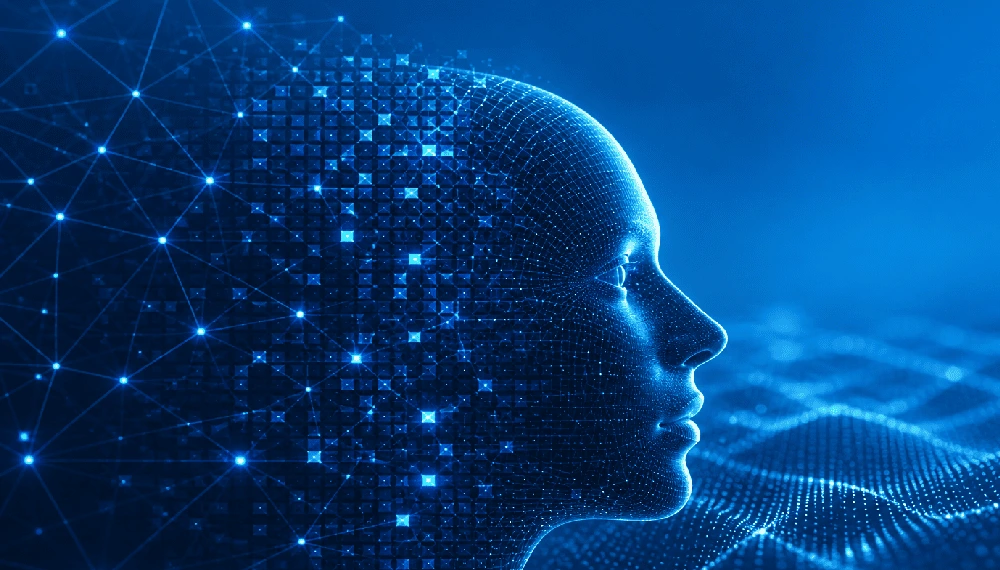 Futuristic blue digital human profile made of data points and network connections representing artificial general intelligence and advanced AI systems