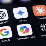 Close-up screen displaying AI assistant app icons including ChatGPT, Gemini, Claude, Google, Microsoft Copilot, and Perplexity on a dark background.