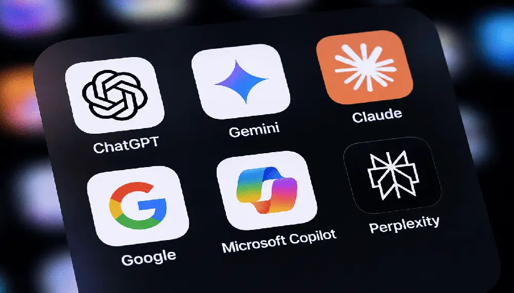 Close-up screen displaying AI assistant app icons including ChatGPT, Gemini, Claude, Google, Microsoft Copilot, and Perplexity on a dark background.