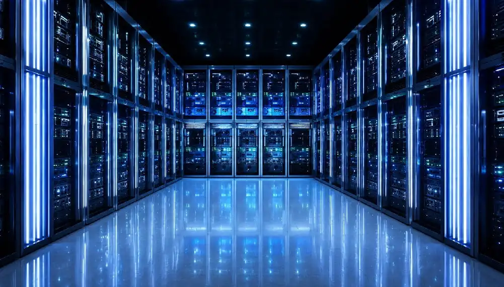 Enterprise web hosting servers in a secure data center with 99.9% uptime monitoring and managed hosting infrastructure.