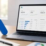 Modern laptop displaying a Google Ads performance dashboard with campaign, conversion, cost, and search term data.