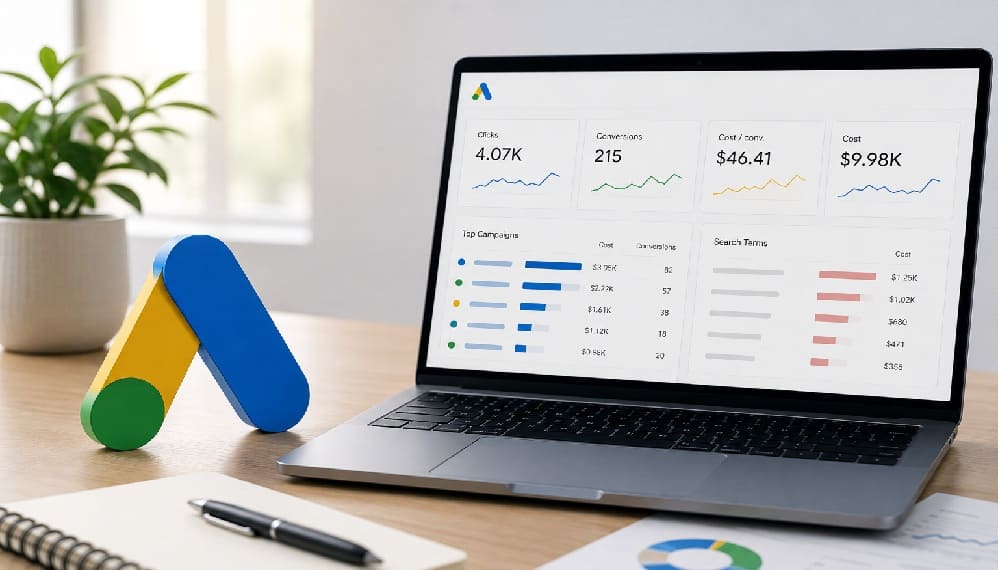 Modern laptop displaying a Google Ads performance dashboard with campaign, conversion, cost, and search term data.