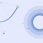Abstract illustration of B2B search engine marketing showing a magnifying glass, connected network nodes, and an upward growth line in blue and yellow