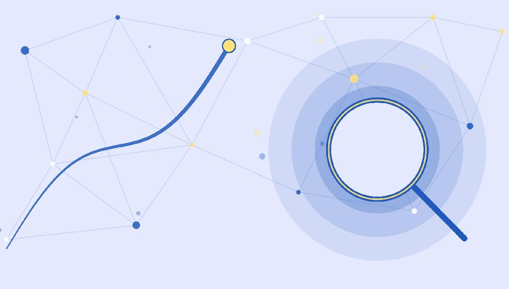 Abstract illustration of B2B search engine marketing showing a magnifying glass, connected network nodes, and an upward growth line in blue and yellow