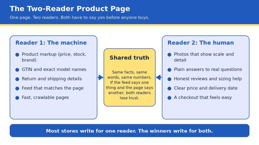 Framework diagram titled The Two-Reader Product Page, with machine needs on the left, human needs on the right, and shared truth in the middle
